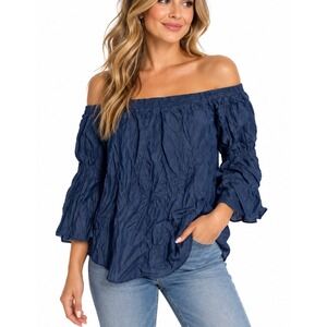 Denim by Ellison Off Shoulder Top Womens S Blue Crinkle Chambray Boho RT1436-5